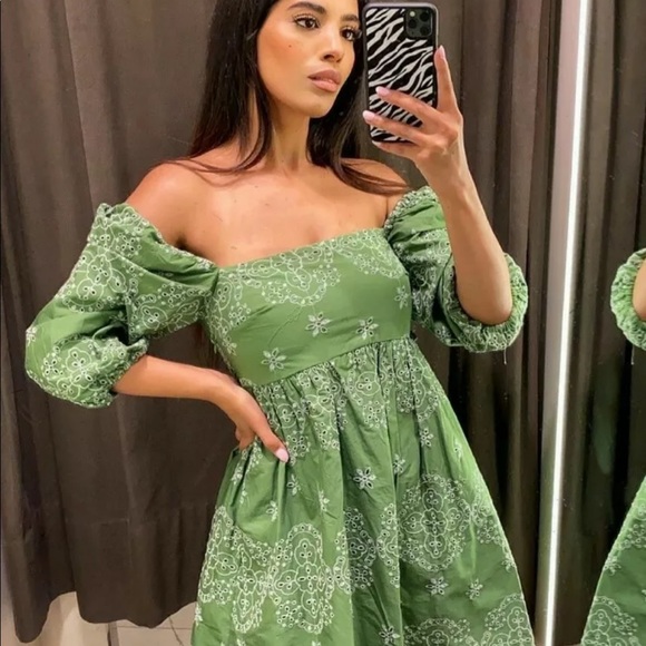 Zara Green Floral Embroidered Cutout Bardot Dress - Picture 2 of 6